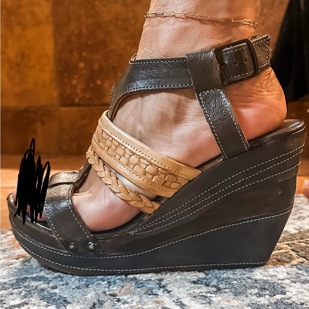BED|STU Black and Tan Wedge Sandals